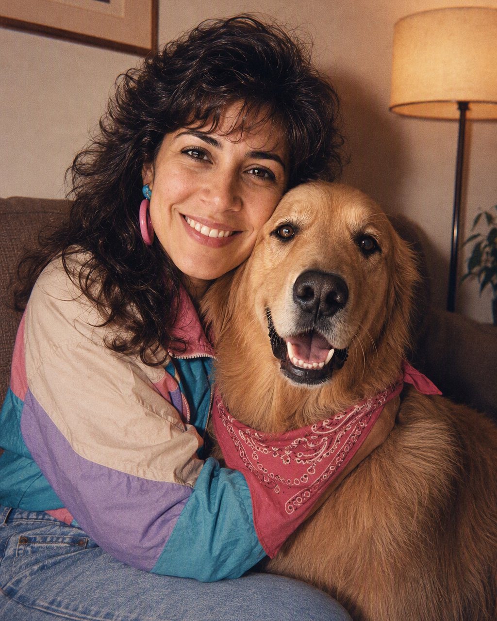 Persona con su perro en una foto estilo años 80 generada con IA: sala ochentera, pelo con volumen y hombreras, con el perro igual que siempre y un paliacate al cuello