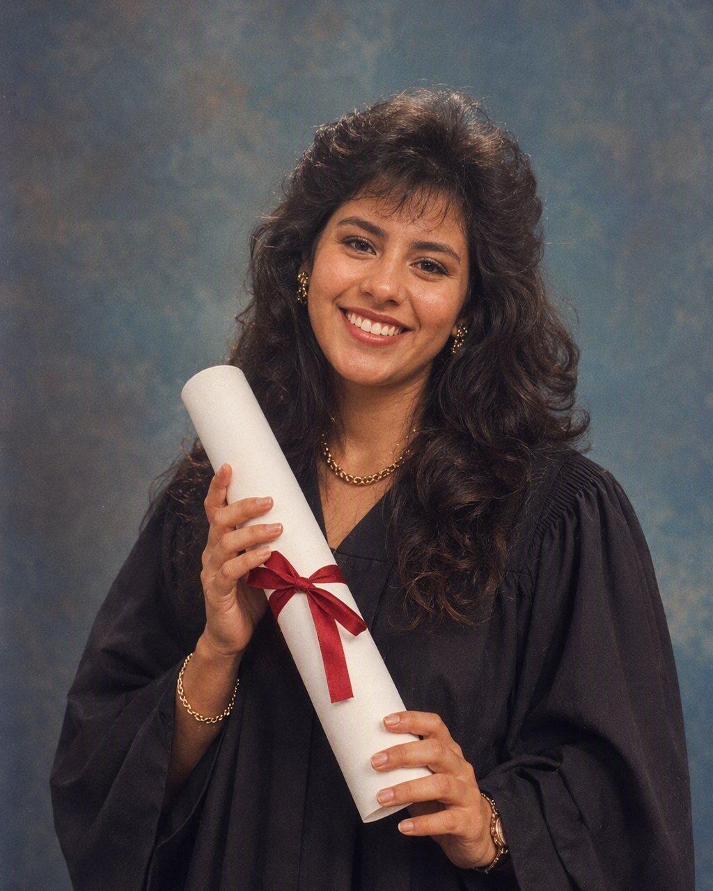 La toga y el birrete pasan a un retrato de estudio de graduación de los 80.