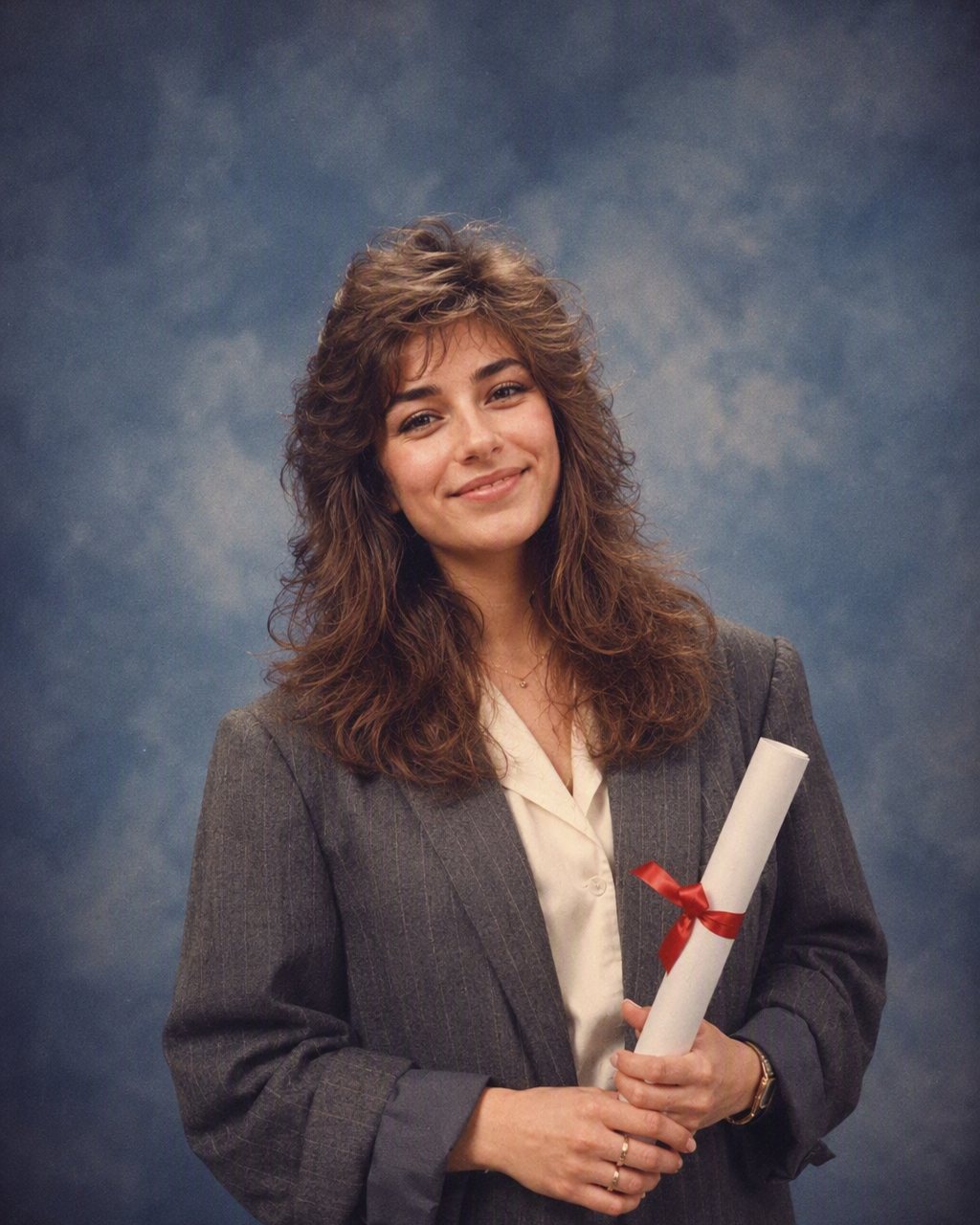 Photo de bal de promo années 80 générée par IA : coiffure volumineuse, épaulettes, fond de studio dégradé et flash direct