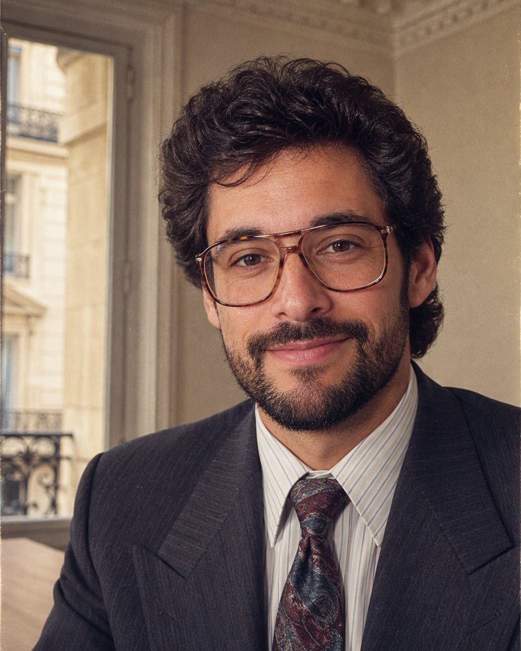 Portrait de bureau : costume à épaulettes et lunettes à grosse monture.