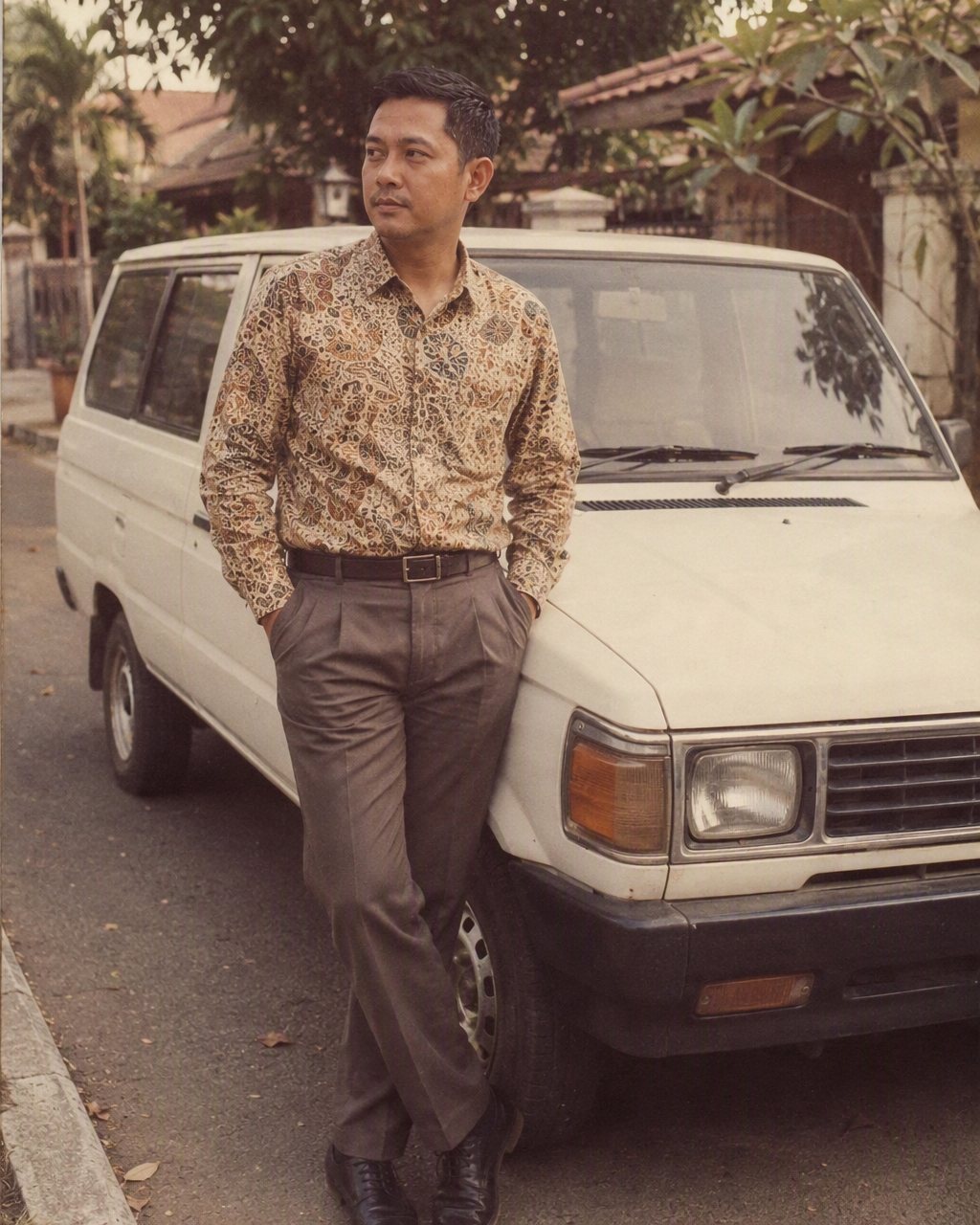Pria berkemeja batik lengan panjang bersandar di Toyota Kijang kotak putih di jalan perumahan tahun 80-an