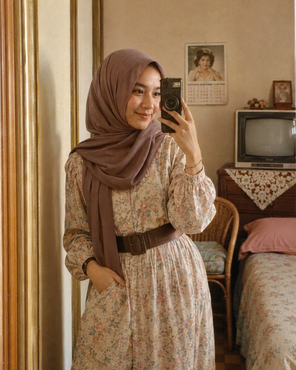 Selfie cermin perempuan berhijab di kamar tahun 80-an: kerudung longgar yang menutup rambut, gaun floral lengan panjang berikat pinggang lebar, kursi rotan, TV tabung kecil, dan kamera film