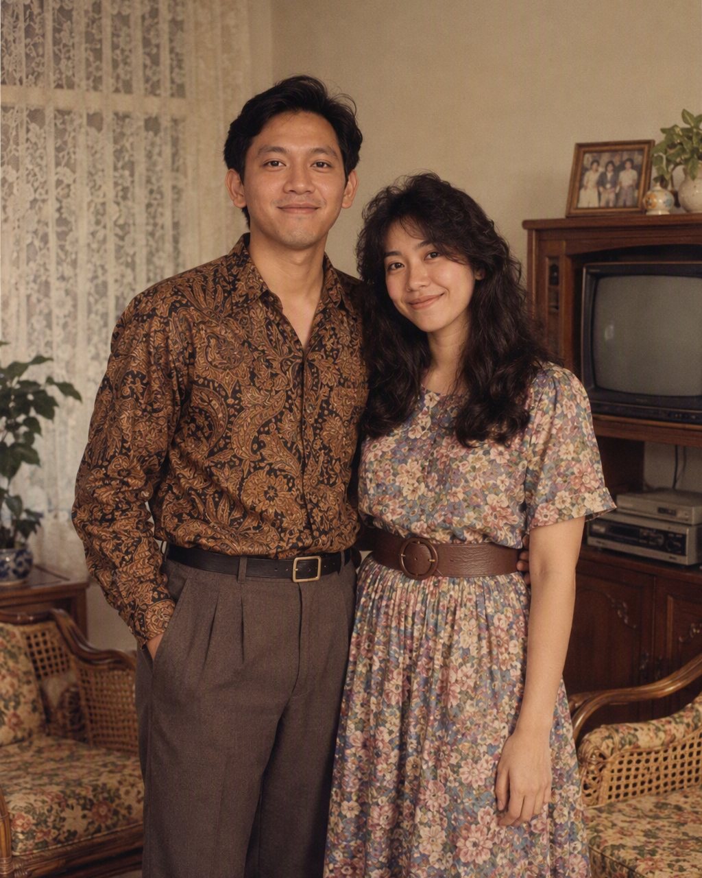 Pasangan di ruang tamu tahun 80-an dengan sofa rotan, batik lengan panjang, dan gaun floral berikat pinggang lebar