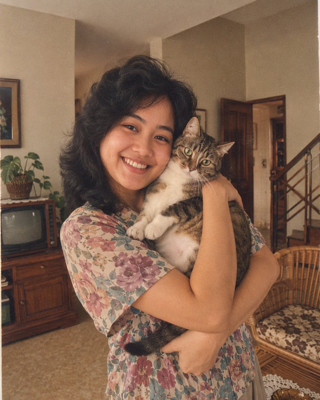 Kamu dan kucingmu di sofa: kucingnya tetap sama persis, blus floral dan rambut sasaknya murni tahun 1986.