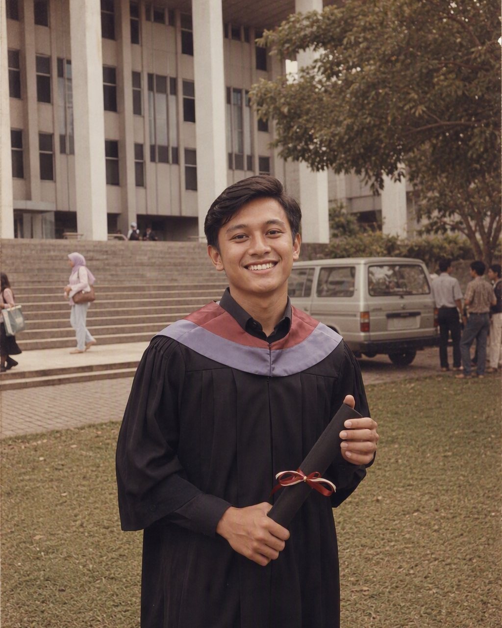 Wisudawan bertoga hitam memegang ijazah di kampus tahun 80-an dengan Toyota Kijang lama parkir di belakang, rambut belah pinggir, warna film pudar