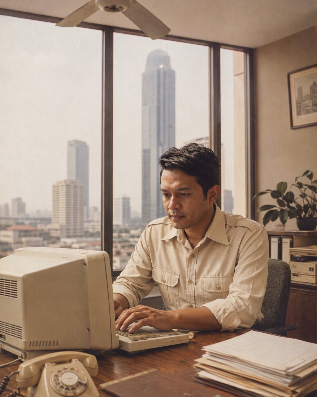 Foto meja kerja jadi kantor Jakarta tahun 80-an: kemeja safari krem, meja kayu, telepon putar, dan kipas angin di langit-langit.