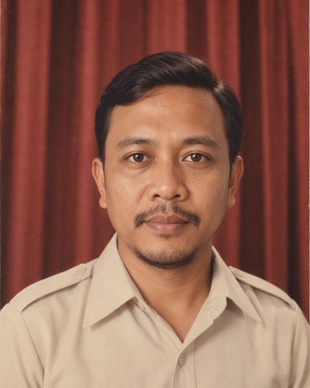 Potret formal pria berkemeja safari krem di depan tirai beludru merah studio foto tahun 80-an