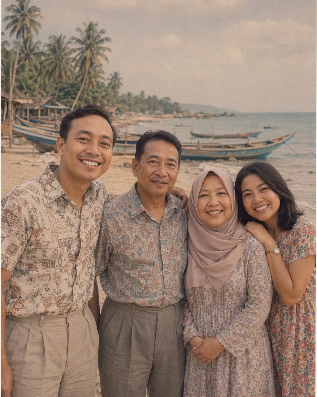 Keluarga empat orang dewasa di pantai tahun 80-an dengan perahu nelayan kayu dan pohon kelapa, satu perempuan berkerudung longgar