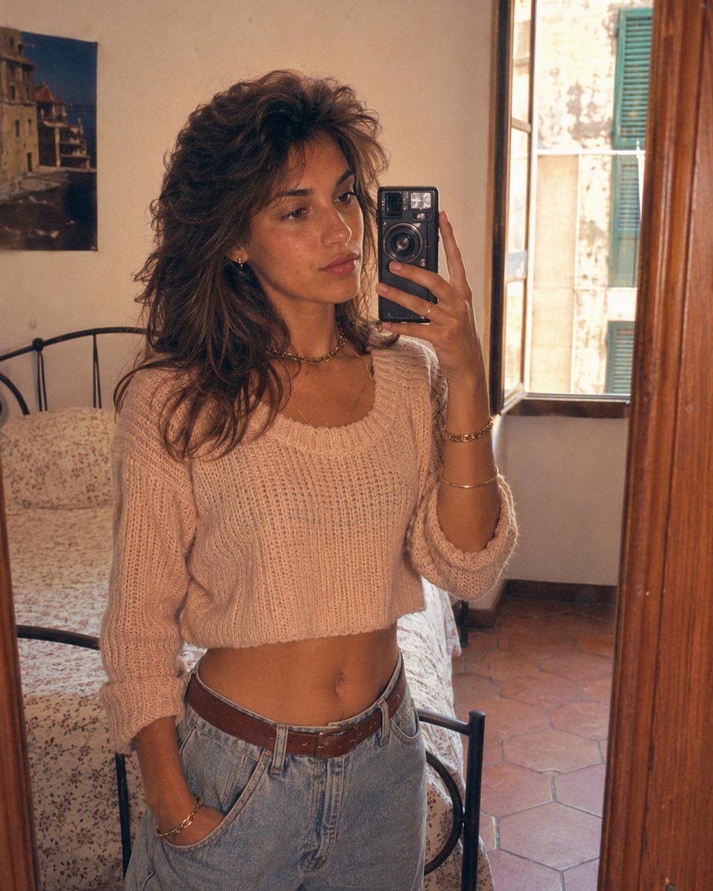 Selfie allo specchio in stile anni 80: capelli voluminosi, macchina fotografica compatta dell’epoca, flash duro e grana della pellicola