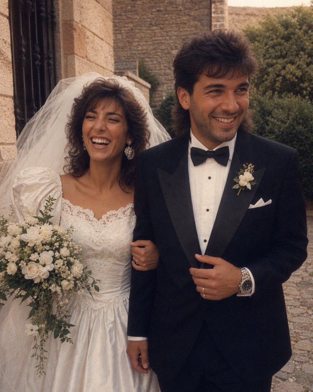 Sposi di oggi con abito dalle maniche a sbuffo e smoking dai revers larghi.