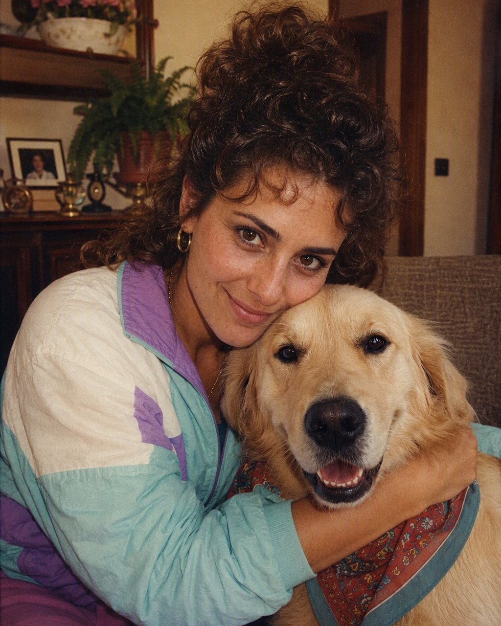 La foto sul divano con il cane: il cane è lo stesso, la bandana arriva dagli anni 80.