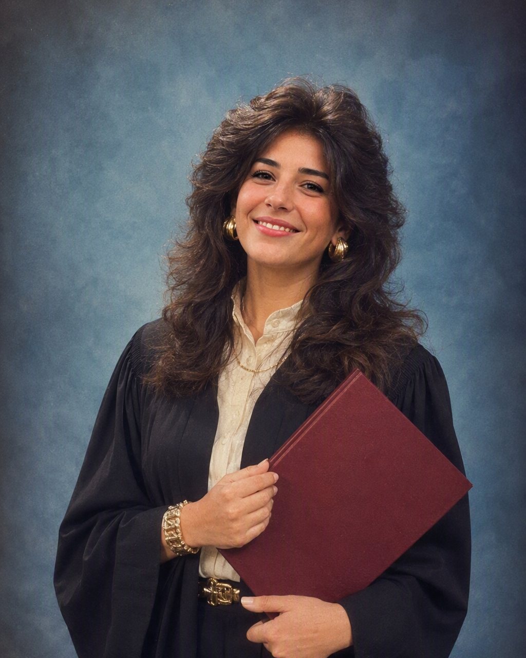 La foto di laurea con la corona d’alloro diventa un ritratto da studio anni 80.
