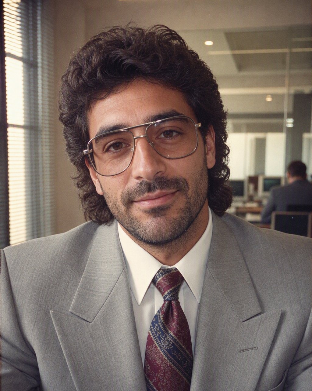Ritratto da ufficio in stile anni 80: giacca con spalline e parete in legno