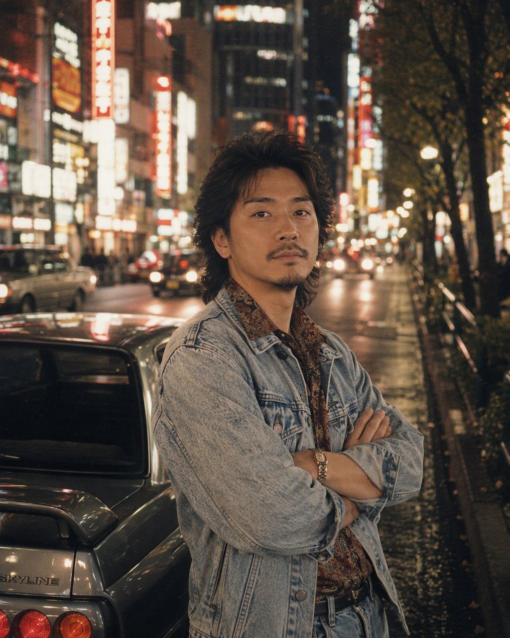 80年代風に加工された車の前での写真