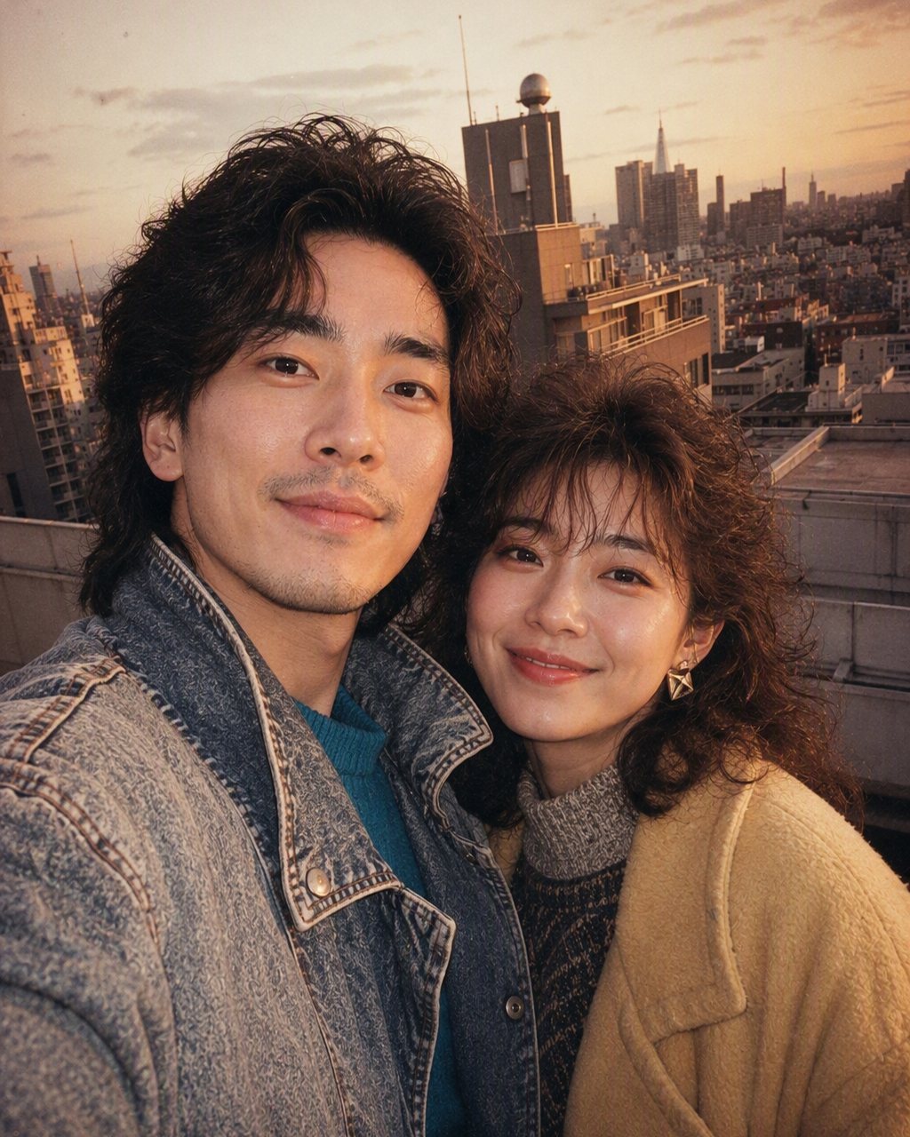 カップルの写真を80年代風に加工したポートレート。当時の髪型と服装、フラッシュの効いたスタジオ背景