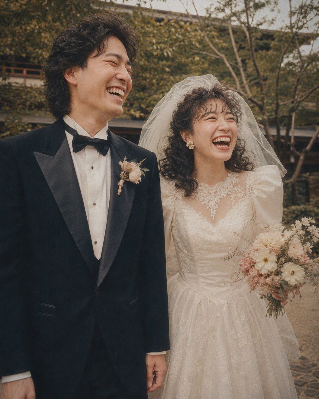 結婚式の写真を80年代風に加工した一枚