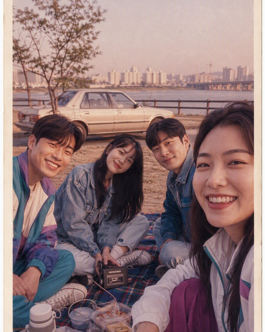 친구들 단체 사진을 레트로 필터로 바꾼 결과, 롤러장 네온 조명과 청청패션