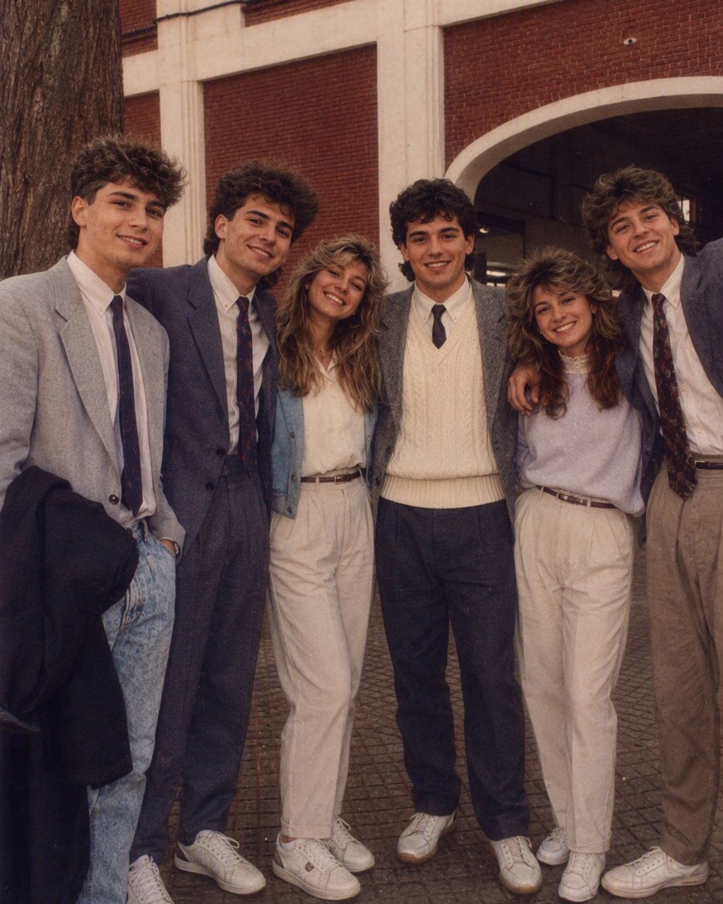 Foto de egresados con estilo de los años 80: fondo de estudio degradado, luz de flash, pelo con volumen y saco con hombreras
