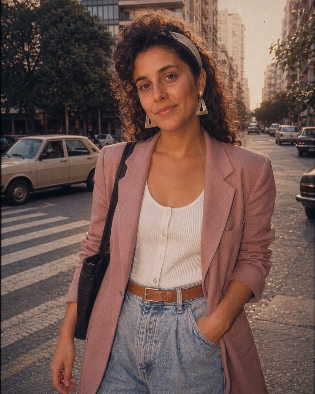 Retrato con moda argentina de los años 80: blazer con hombreras, pelo batido con volumen y aros grandes sobre fondo de estudio