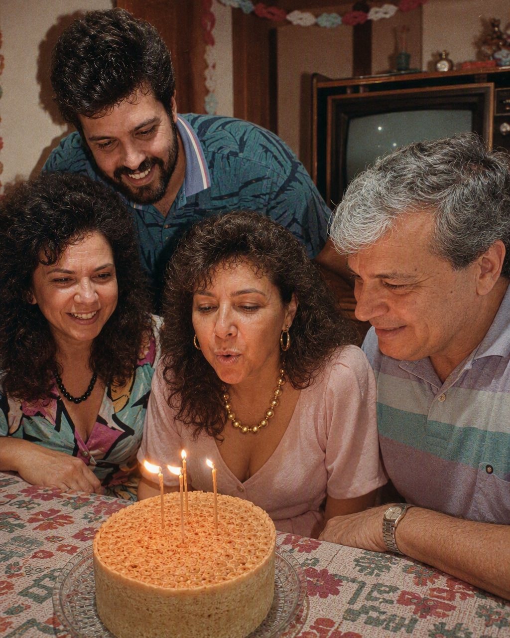Foto de aniversário no estilo anos 80 gerada por IA no FaceCast: grupo reunido, cabelo volumoso e flash direto
