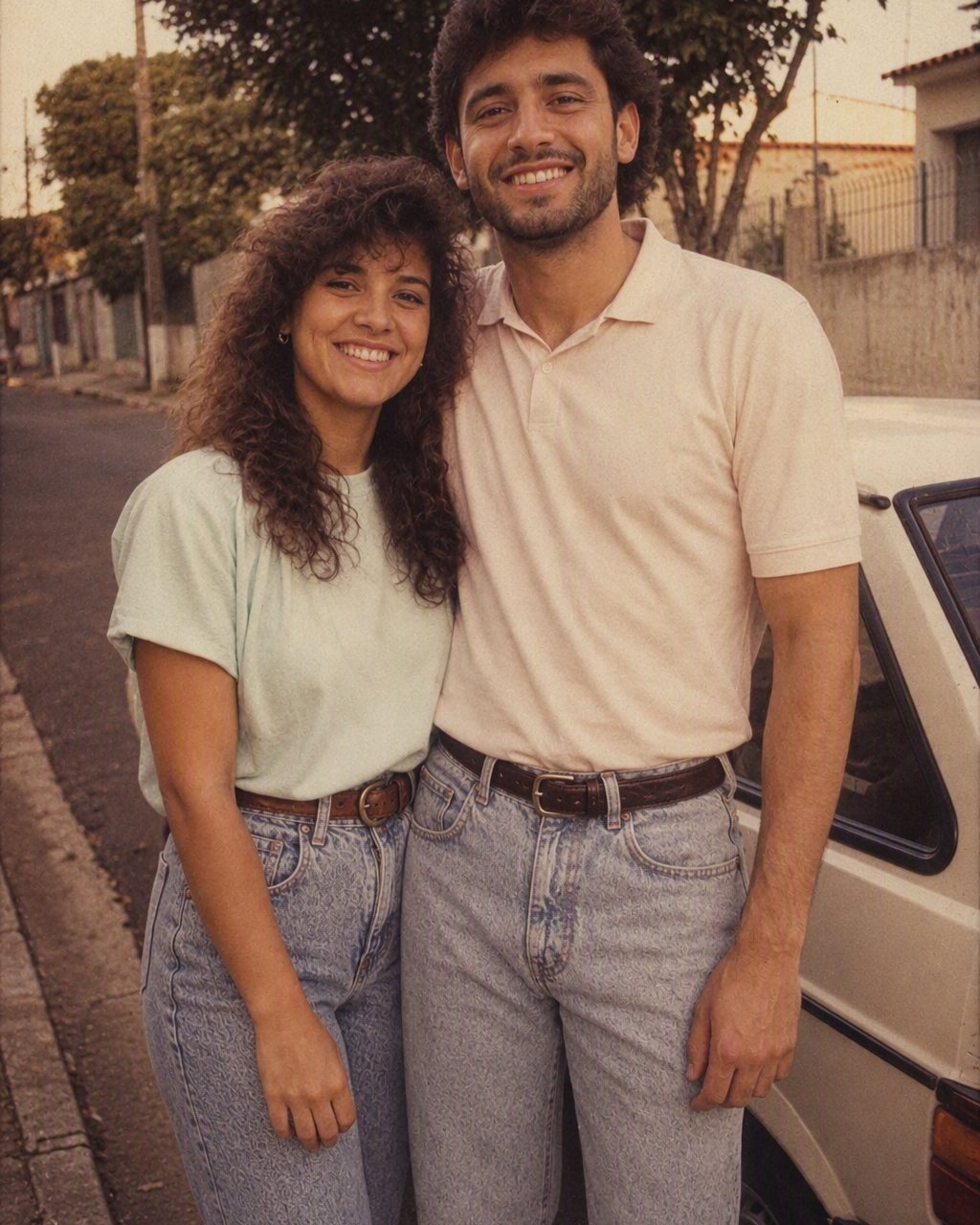 Mãe e filha em retrato no estilo anos 80 gerado por IA no FaceCast, com iluminação analógica e granulação de filme