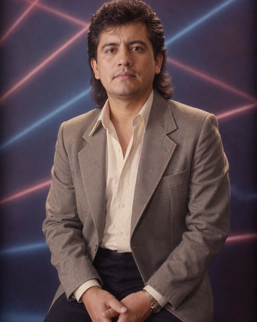 Retrato ochentero generado con IA: pelo con permanente, hombreras y fondo de estudio con rayos láser