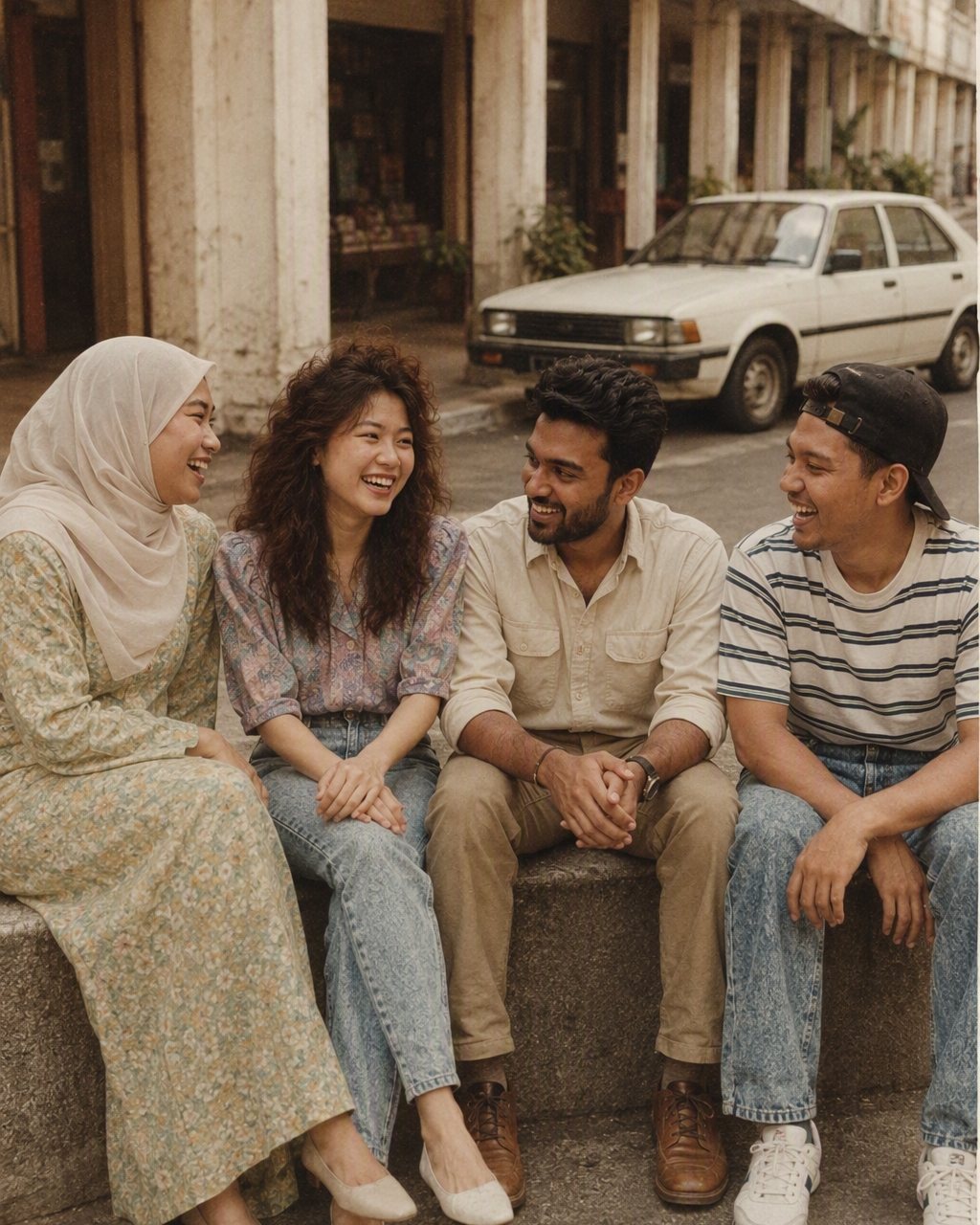 Gambar berkumpulan yang diedit guna AI jadi gambar raya retro: baju Melayu dan baju kurung sedondon, tudung satin, latar rumah kampung dengan pelita