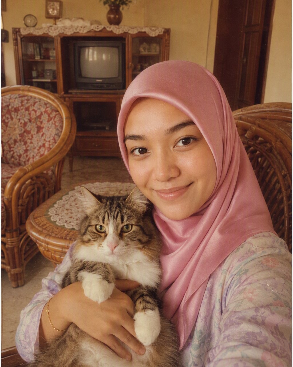 Anda dan kucing di atas sofa: kucing kekal sama, cuma kusyen rotan dan tirai renda yang membawa gambar ini ke tahun 1985.