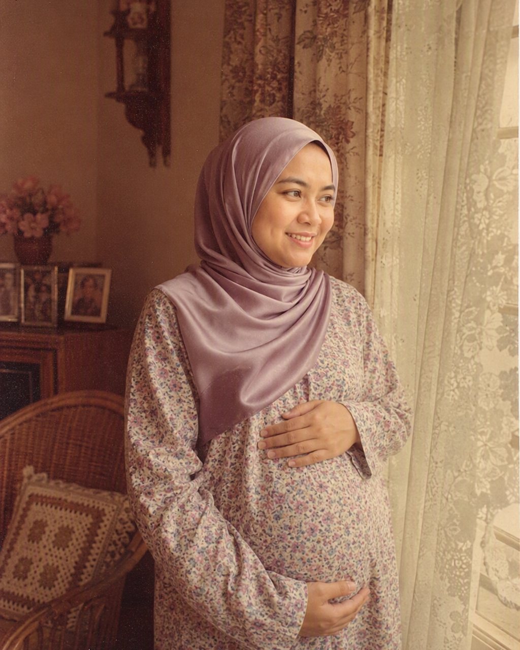 Gambar mengandung di tepi tingkap jadi sesi gambar 80an bernada pastel, baju kurung Pahang labuh dan tirai renda.