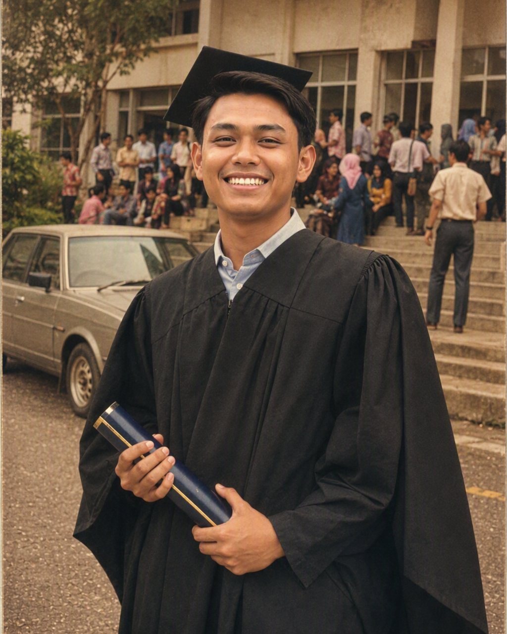 Jubah konvo jadi potret graduan zaman 80an di depan latar biru studio, bingkai cermin mata besar dan senyuman bangga.