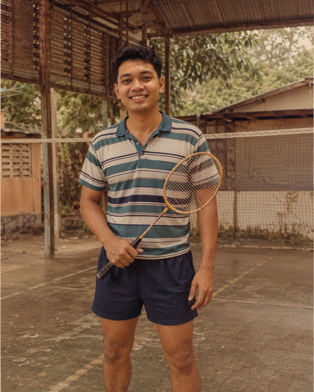 Gambar sukan dalam tema retro 80an: kit badminton zaman dulu hasil AI