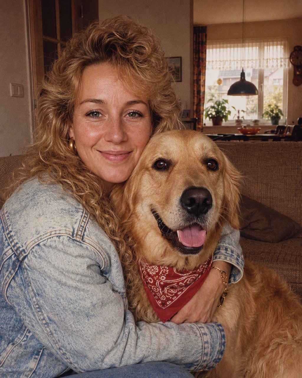Portret in jaren 80-stijl met een hond erbij, gemaakt met AI