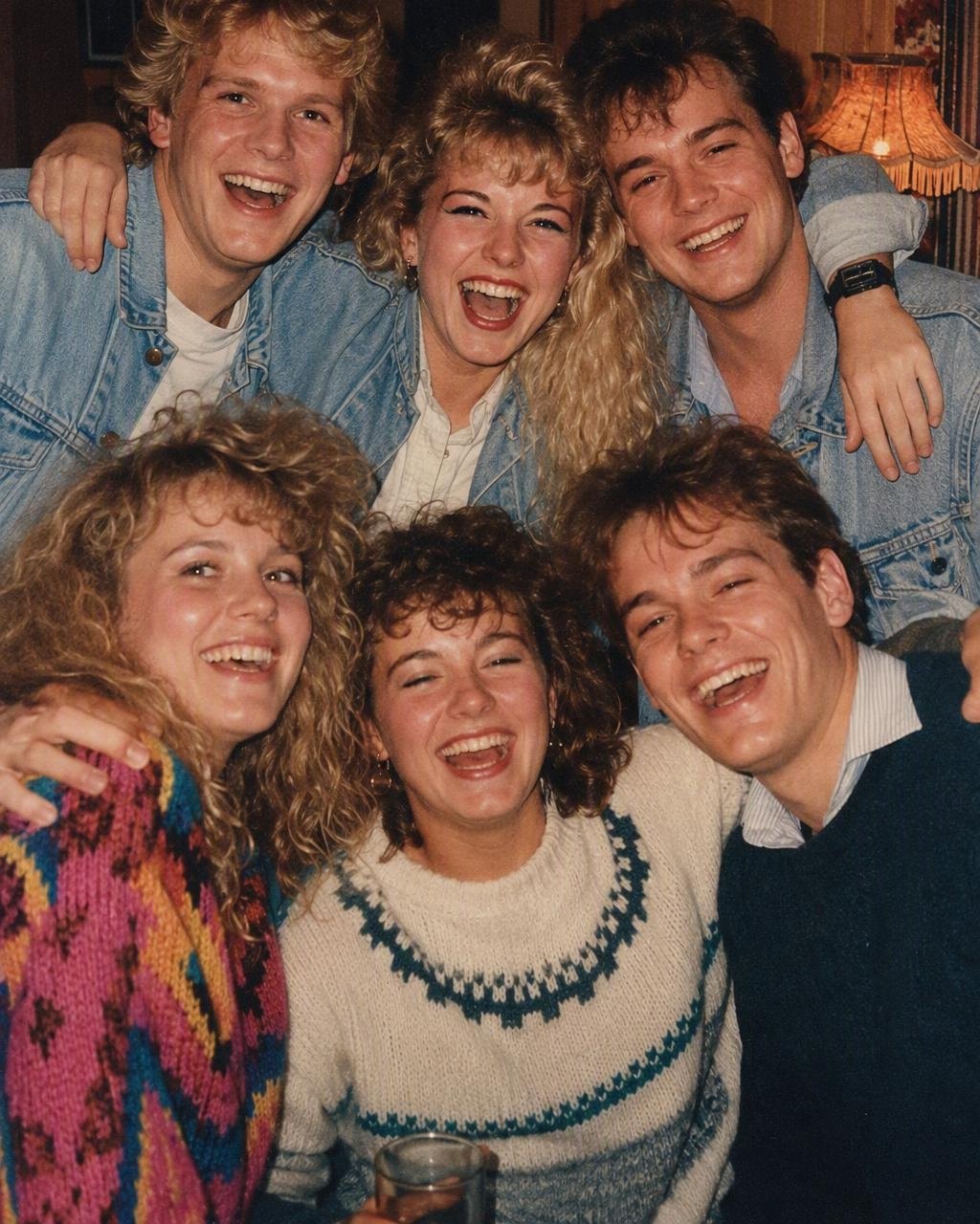 En gruppeselfie flytter til en 80-talls fest, med periodefrisyrer på alle.