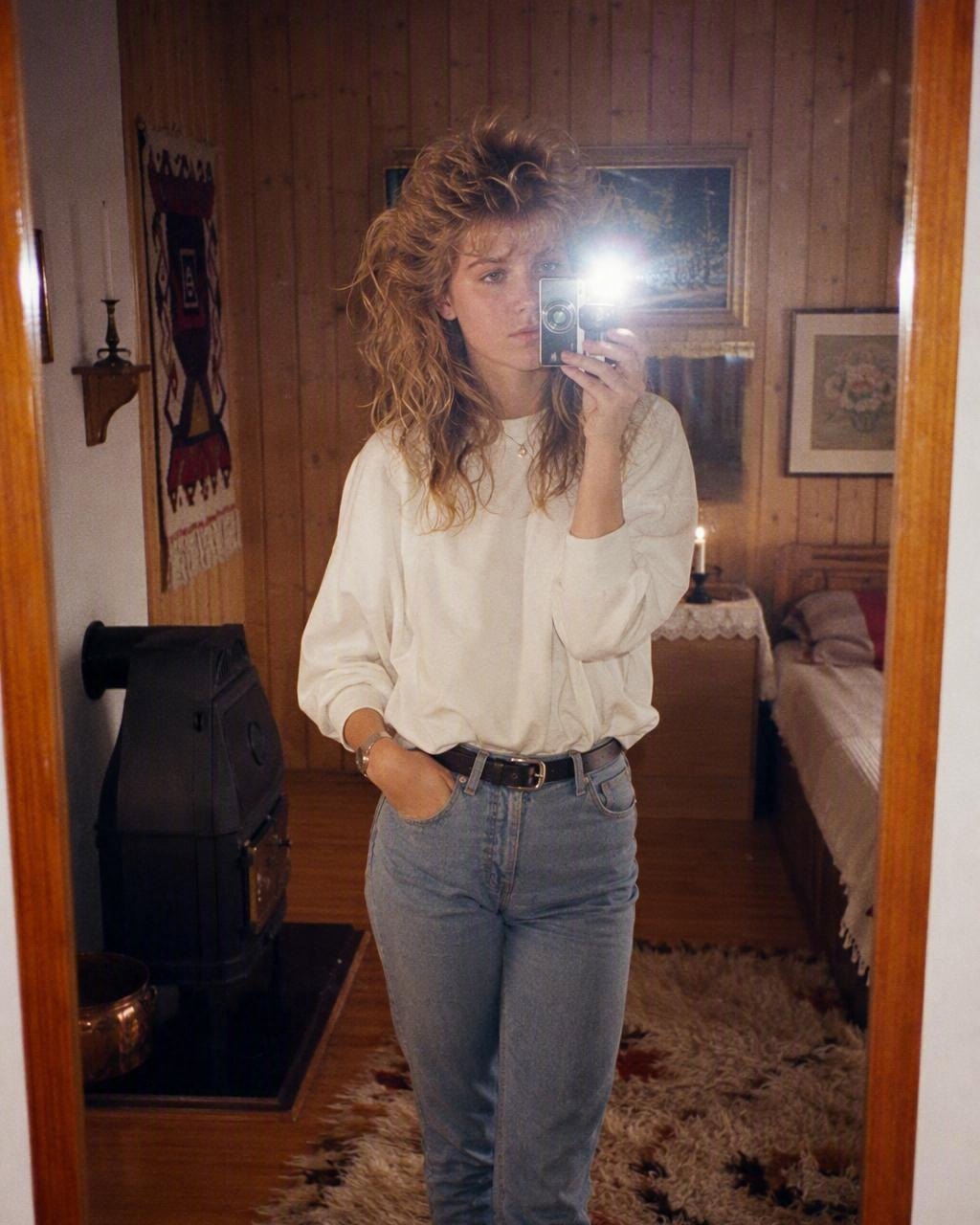 Speilselfien på soverommet blir et studioportrett fra 1986: telefonen forsvinner og håret blir stort.