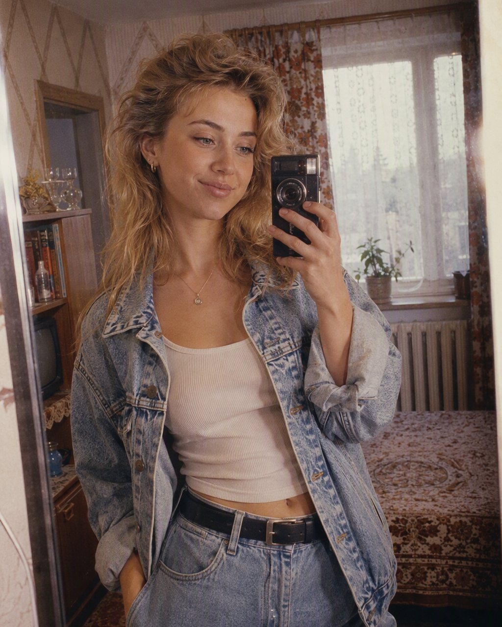 Selfie w lustrze z pokoju w bloku zmienia się w studyjny portret z 1986 roku.