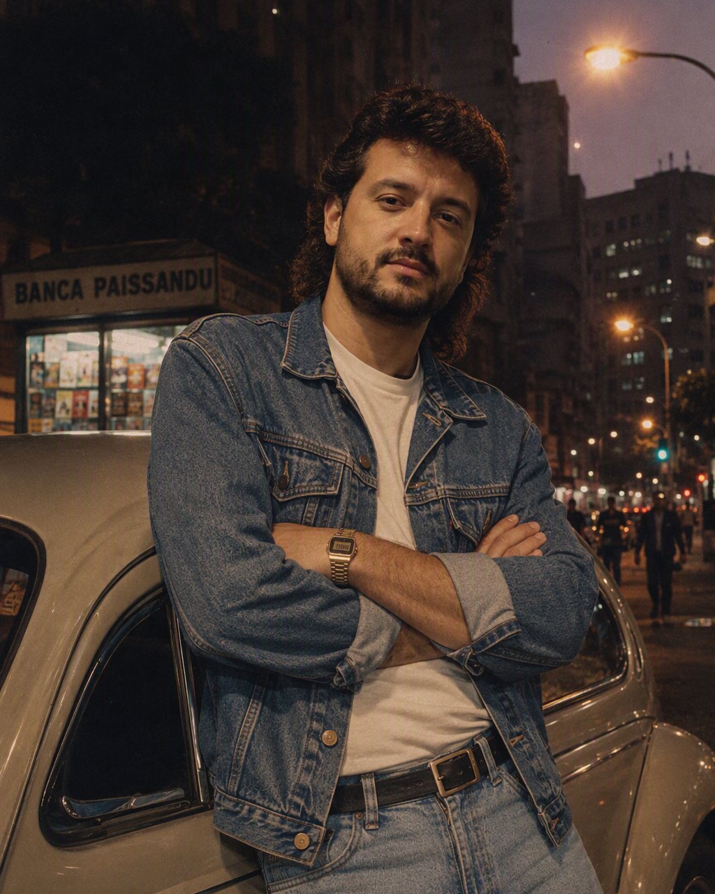 A foto ao lado do carro na rua vira uma noite de 1986 com carro esportivo.