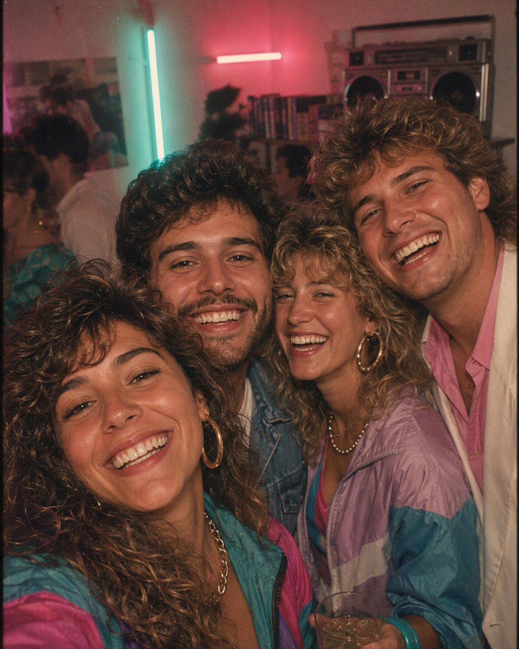 Grupo de amigos em retrato no estilo anos 80 gerado por IA no FaceCast