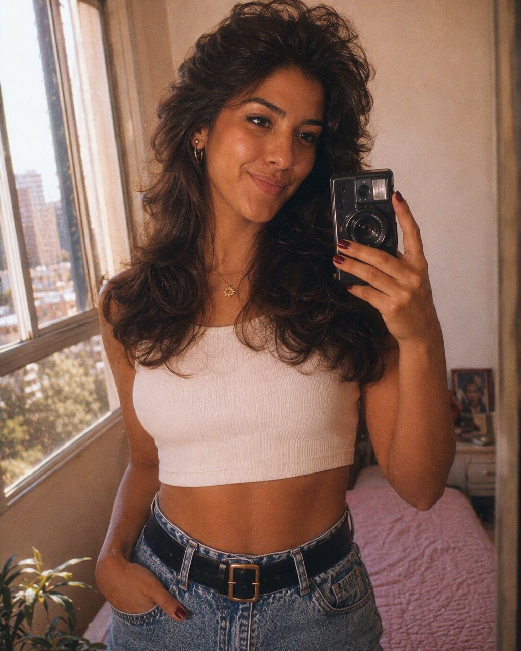 Selfie no espelho transformada em retrato no estilo anos 80 com IA no FaceCast