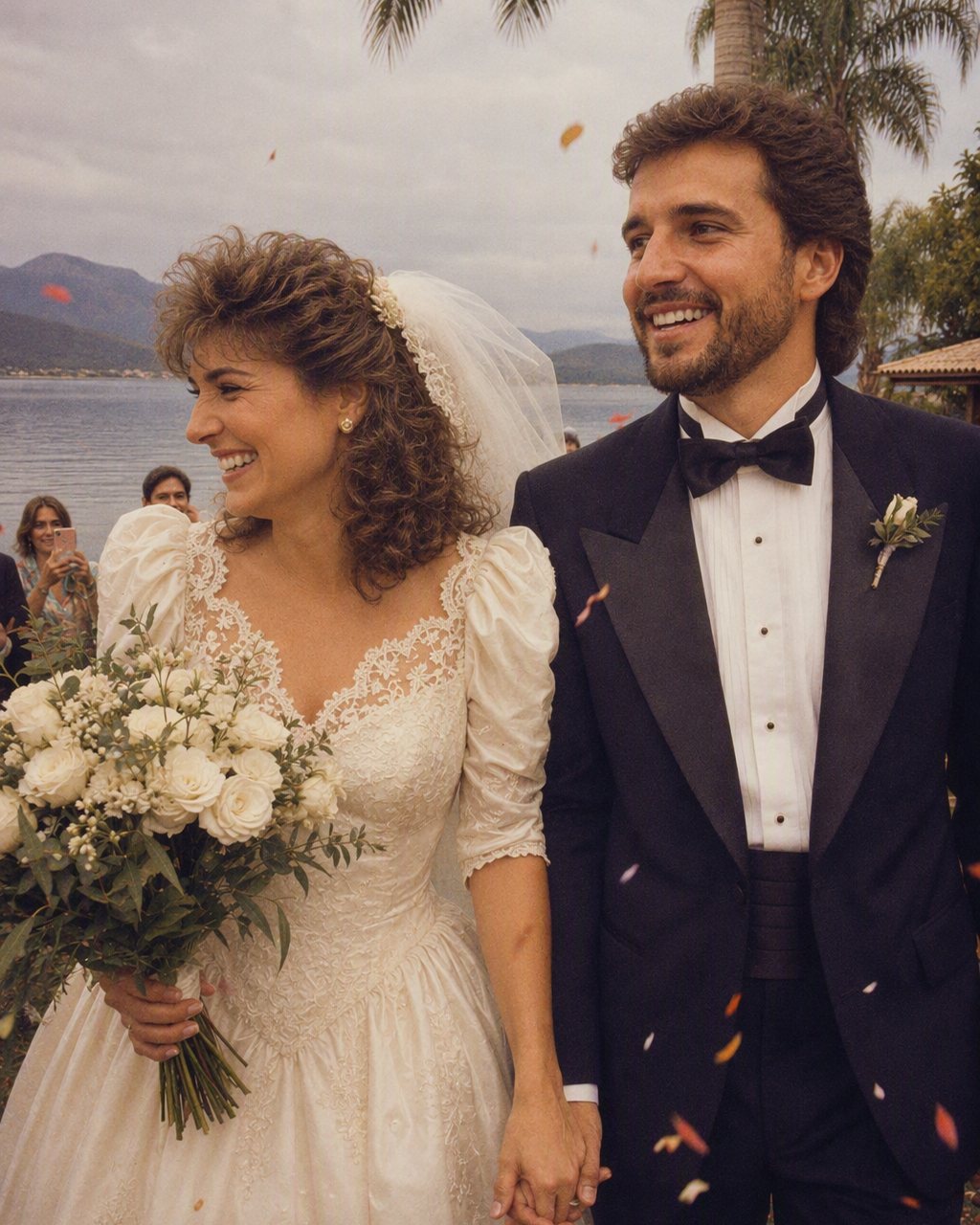 Foto de casamento transformada no estilo anos 80 com IA no FaceCast, com flash direto e granulado de filme