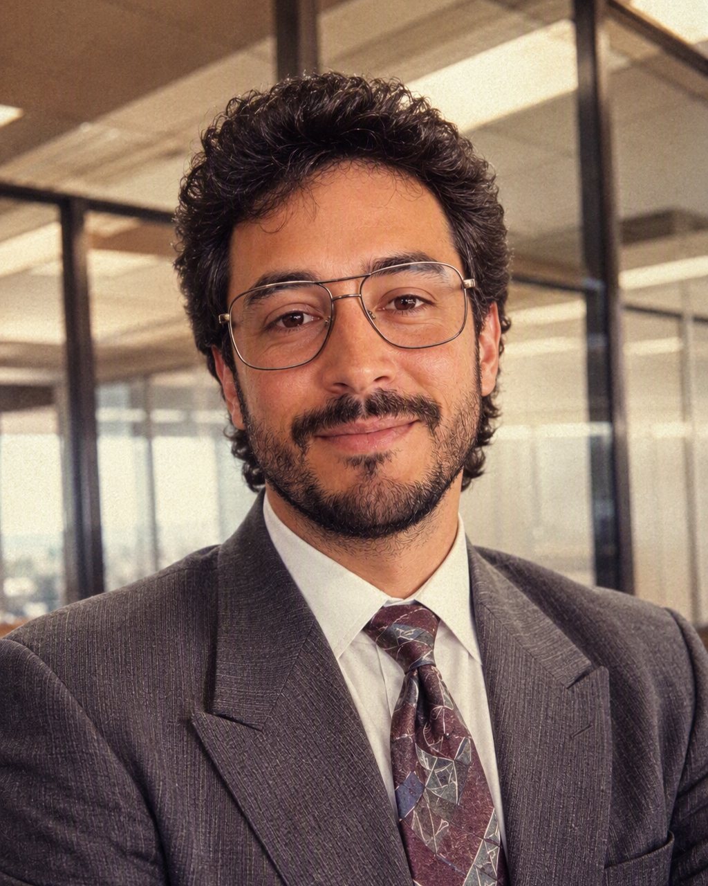 Retrato de escritório no estilo anos 80 com terno de ombreiras e painéis de madeira