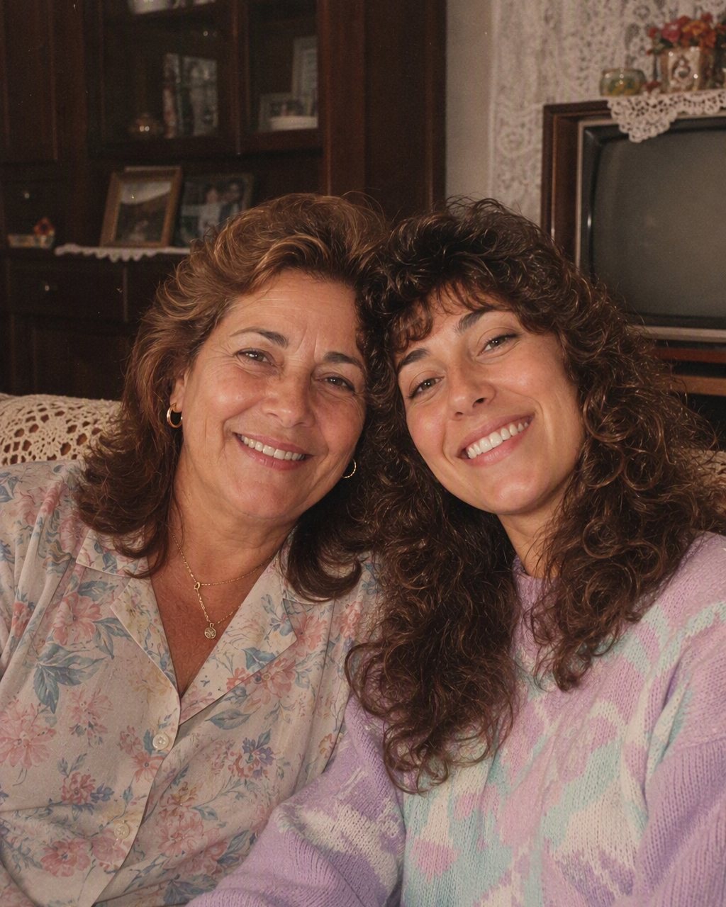 Retrato de mãe e filha com o efeito anos 80 numa sala com aparador de madeira escura e cortinas de renda