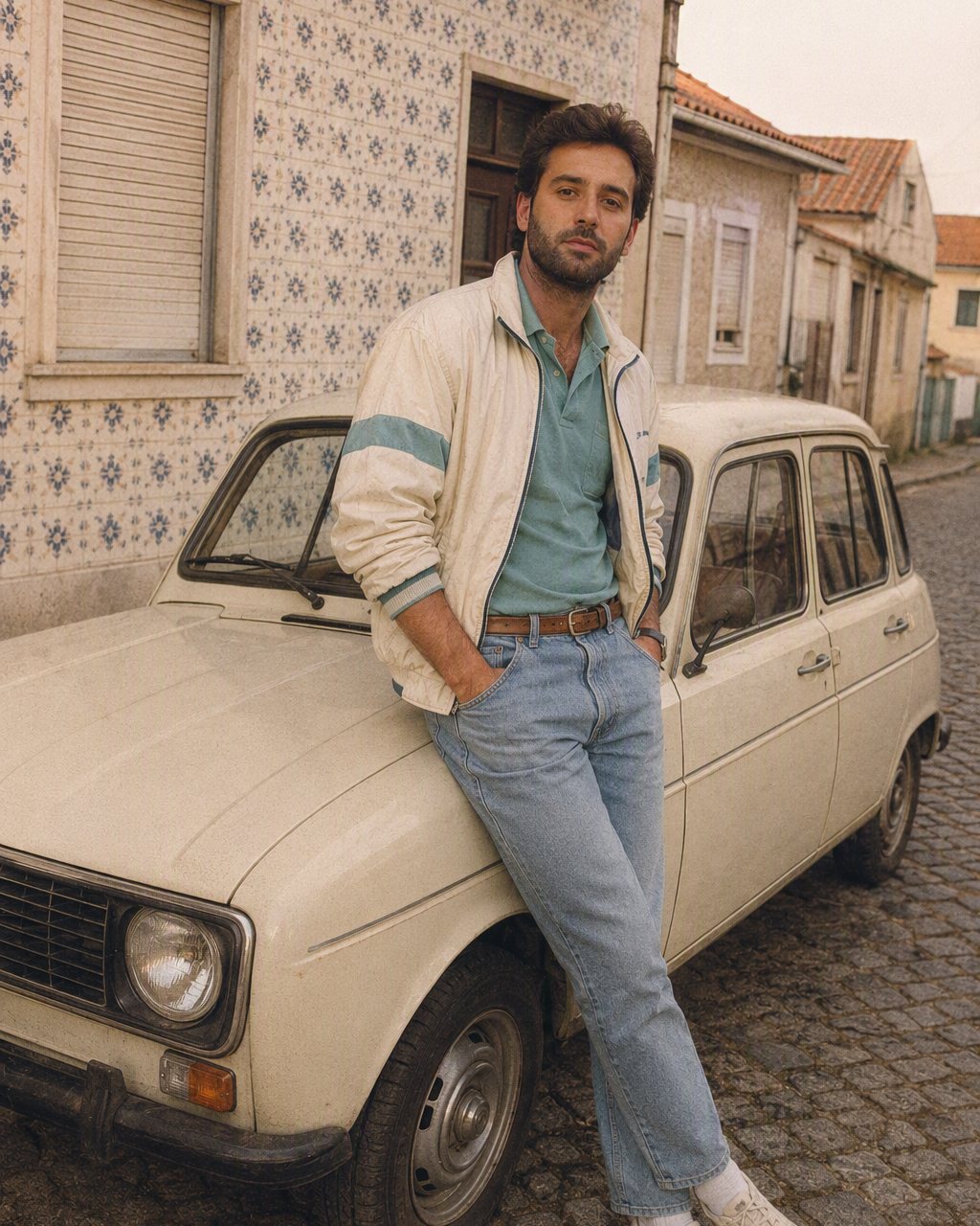 A fotografia ao lado do carro passa a um fim de tarde de 1985 encostado a um Renault 4 creme.