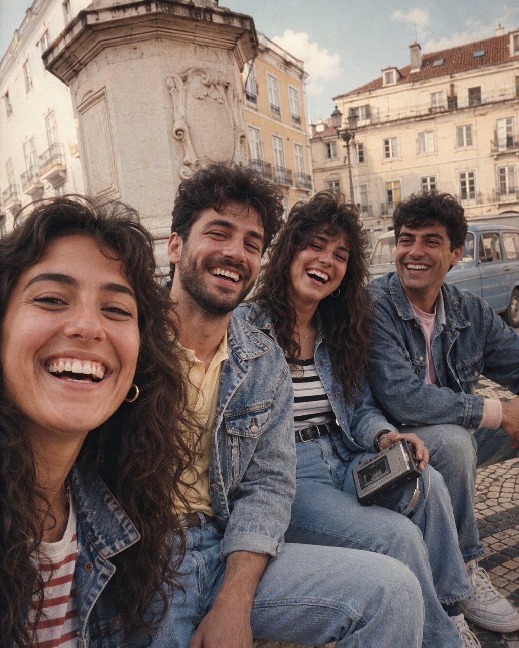 Fotografia de grupo com o efeito anos 80: flash duro, cores desbotadas e grão de filme