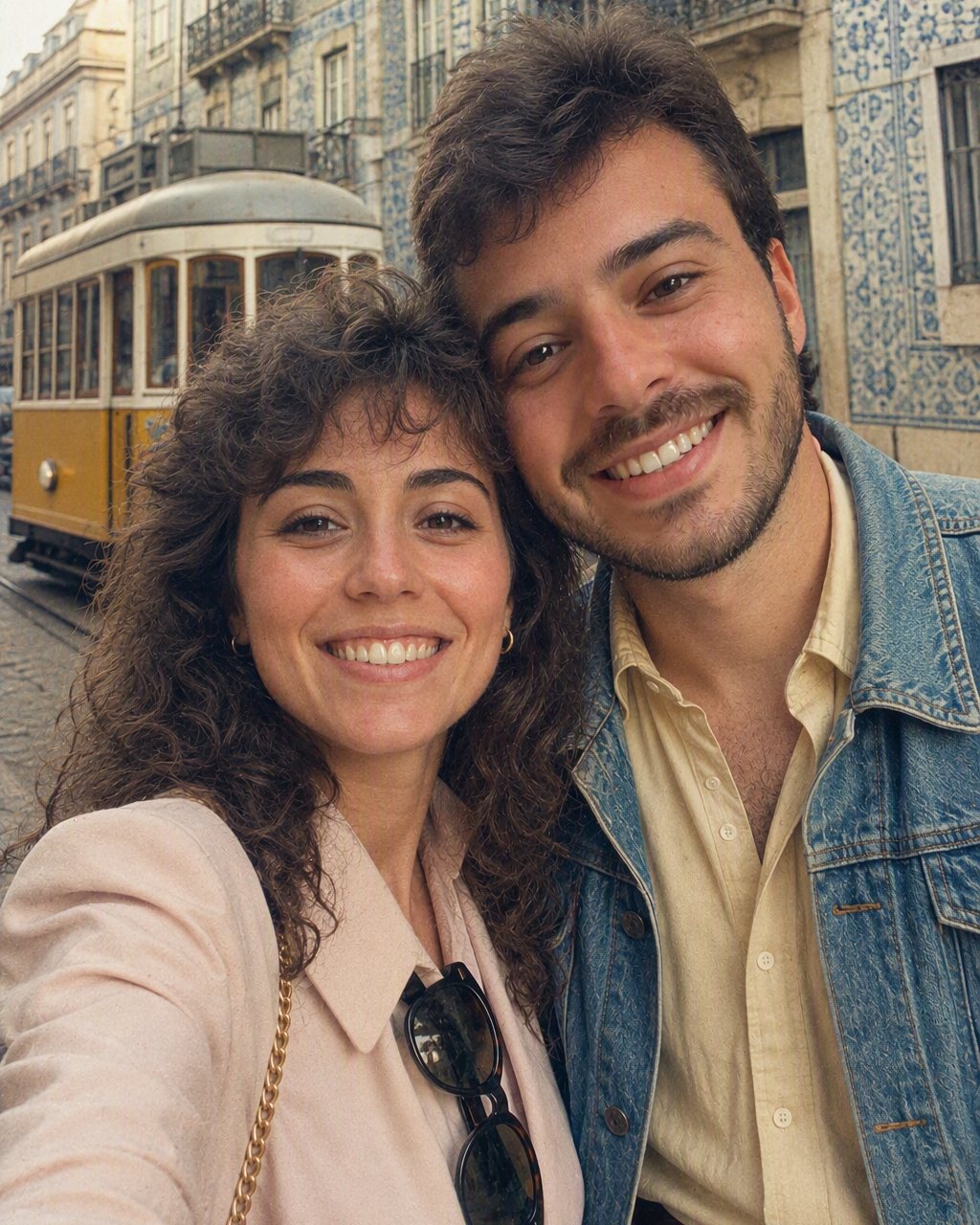 Fotografia de casal com o efeito anos 80: flash direto, cores desbotadas, grão de filme e fundo mesclado de estúdio