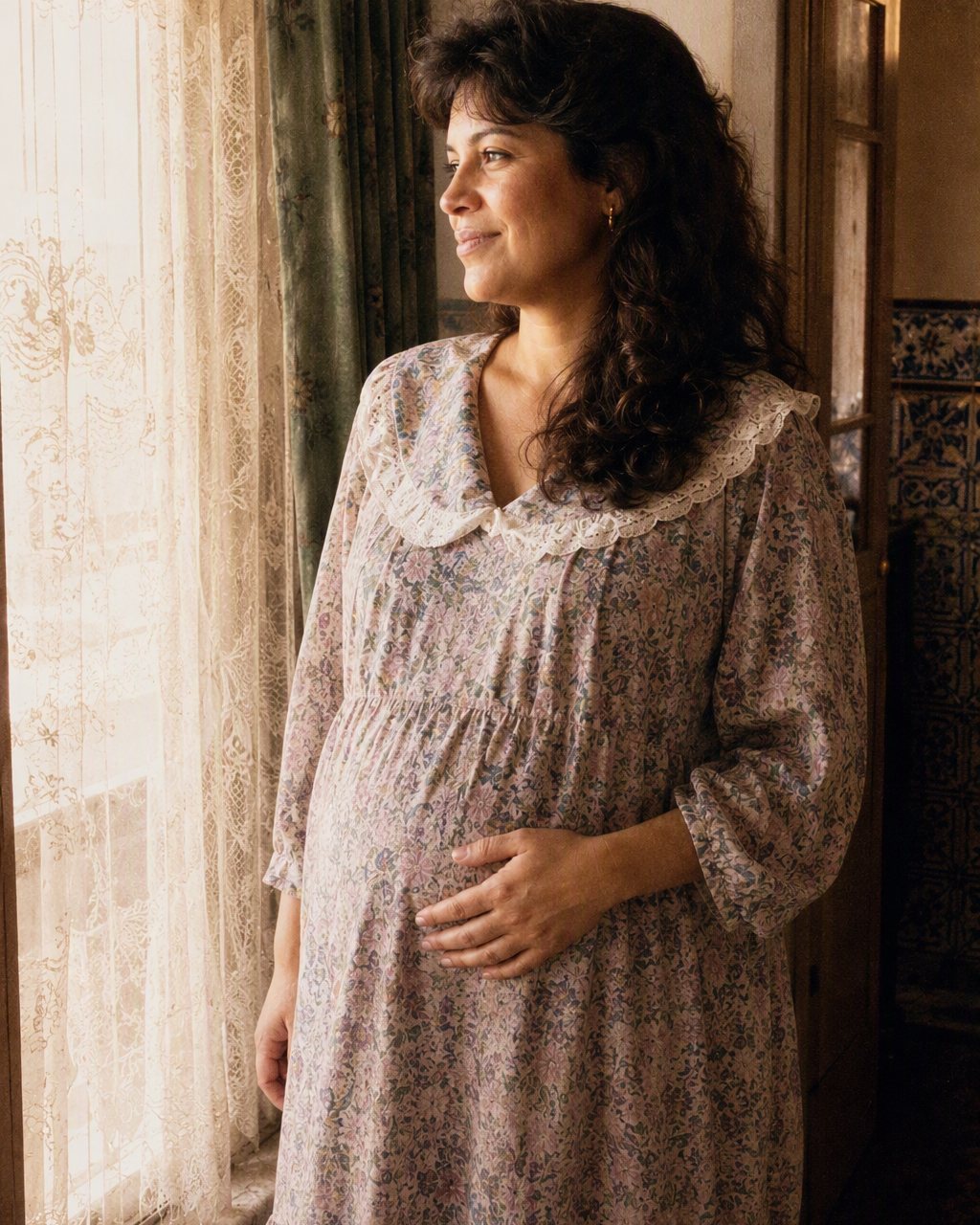 A fotografia da barriga passa a retrato de gravidez de meados dos anos 80, com luz suave de estúdio e cores desbotadas.