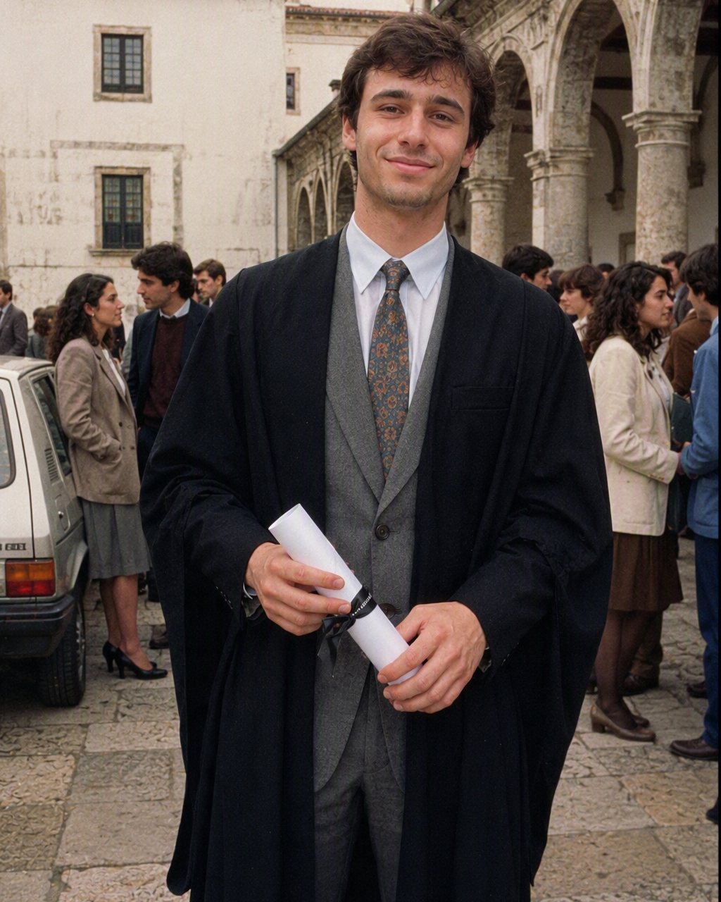 A fotografia de fim de curso passa a retrato de estúdio dos anos 80, com fundo mesclado e flash direto.