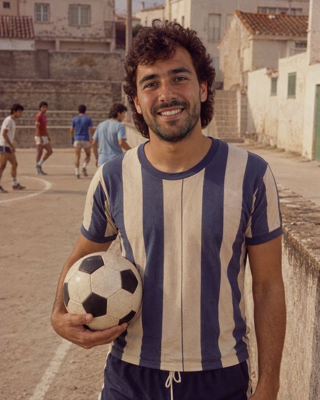 A fotografia de desporto passa a jogo de futebol de bairro, com equipamento de calções curtos e meias subidas.