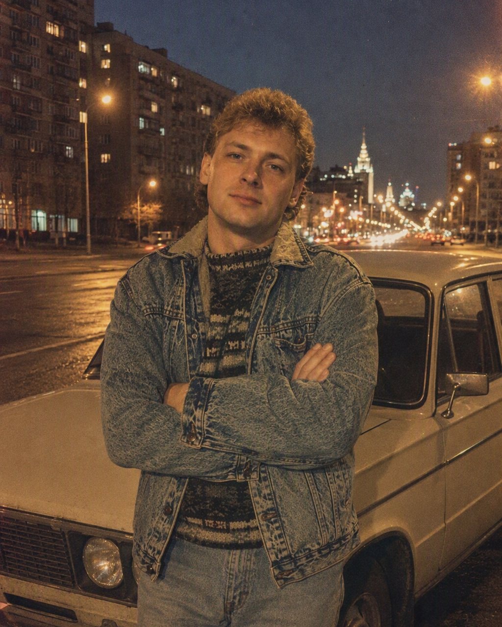 Фото с машиной в советском стиле 80-х, сделанное нейросетью FaceCast