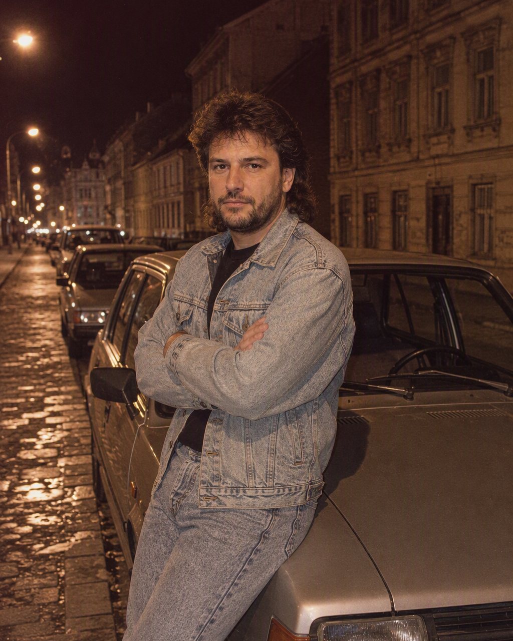Fotka pri Škode 105 z roku 1986 na večernej ulici v štýle 80. rokov