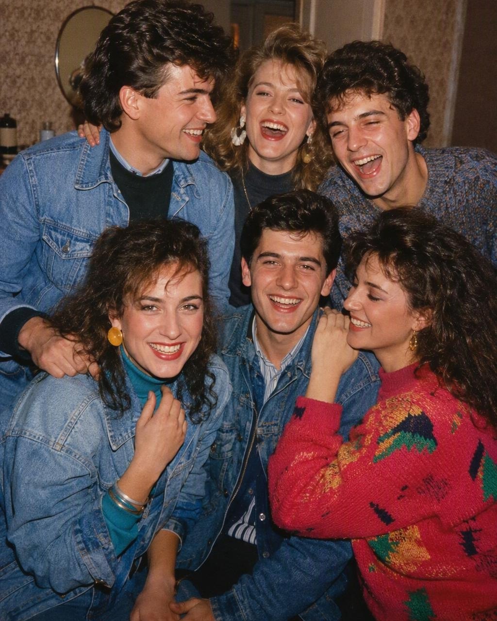Grupni selfi sa terase seli se na kućnu žurku iz 1986, svi u frizurama tog vremena.